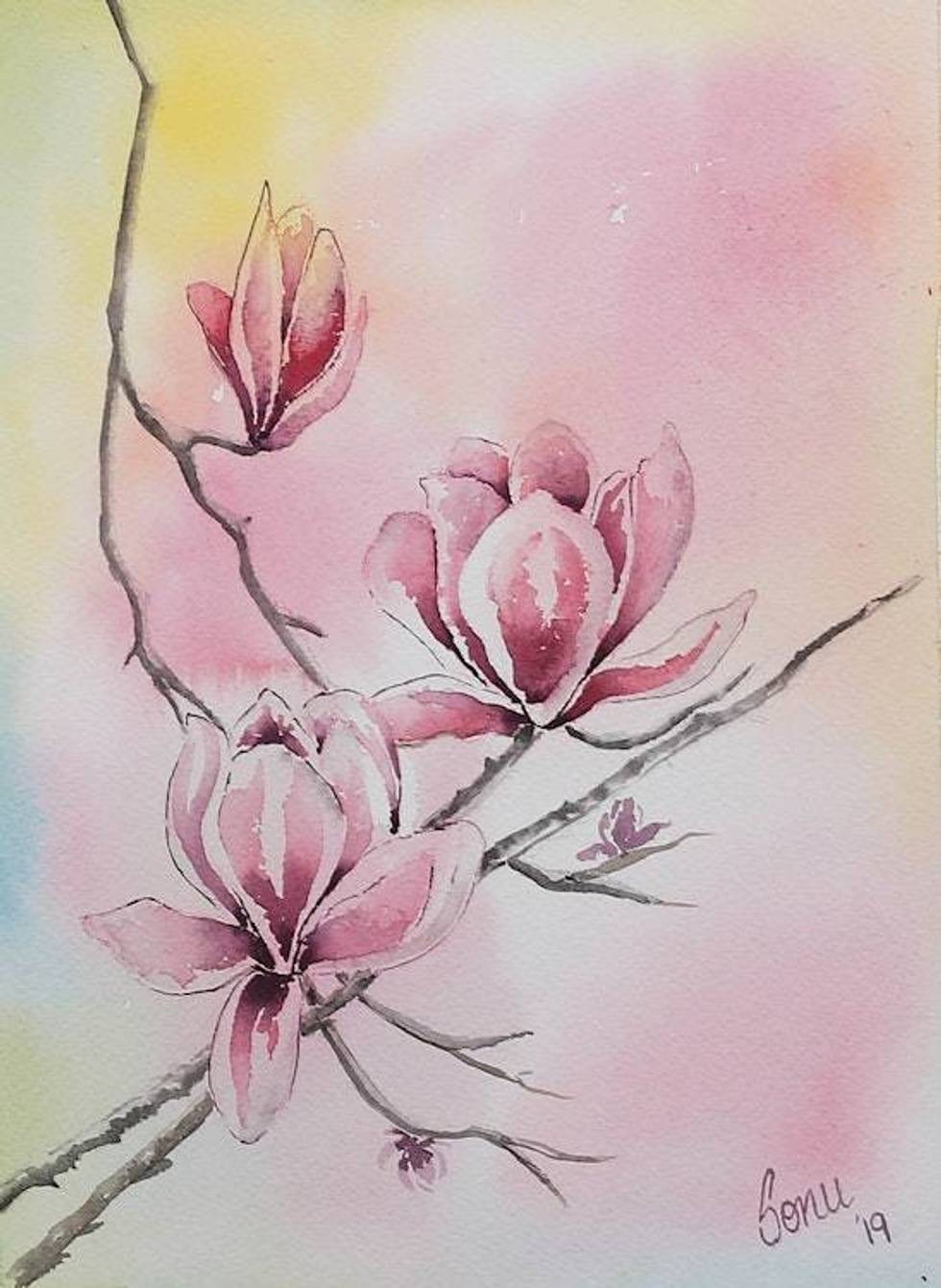 Nature-Themed Pink Impressionist Watercolor Painting 'Cherry Blossoms'