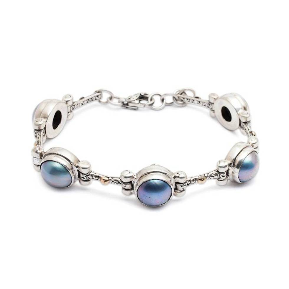 Balinese Gold-Accented Blue Cultured Pearl Station Bracelet 'Chic Moon Blue'