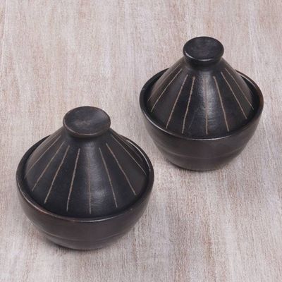 Primary image for Indonesian Black Ceramic Bowls with Cone Shaped Lids Pair Lombok Lines