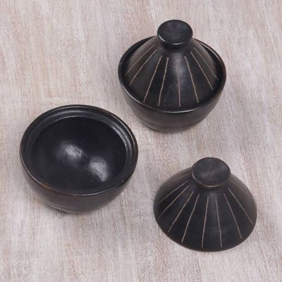 Alternate image for Indonesian Black Ceramic Bowls with Cone Shaped Lids Pair Lombok Lines