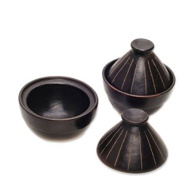 Alternate image for Indonesian Black Ceramic Bowls with Cone Shaped Lids Pair Lombok Lines