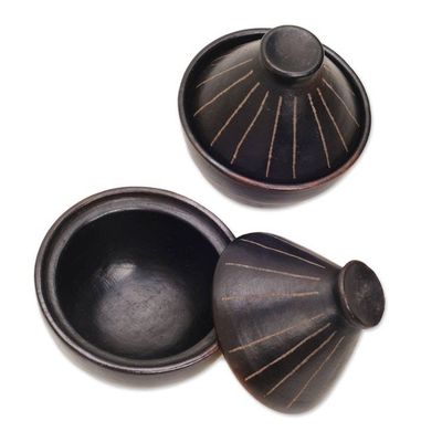 Alternate image for Indonesian Black Ceramic Bowls with Cone Shaped Lids Pair Lombok Lines