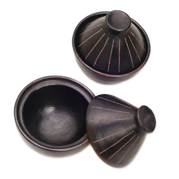 Alternate image for Indonesian Black Ceramic Bowls with Cone Shaped Lids Pair Lombok Lines