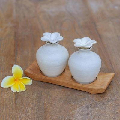 Alternate image for Hand Made Ceramic and Teak Wood Bathroom Set Blooming Frangipani