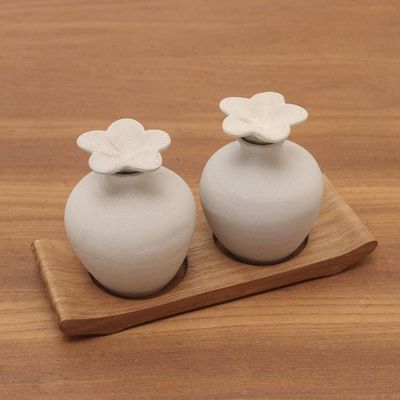 Alternate image for Hand Made Ceramic and Teak Wood Bathroom Set Blooming Frangipani