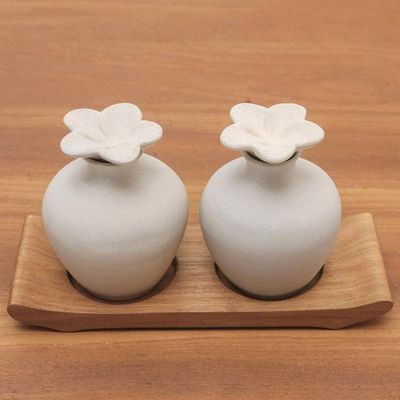 Alternate image for Hand Made Ceramic and Teak Wood Bathroom Set Blooming Frangipani