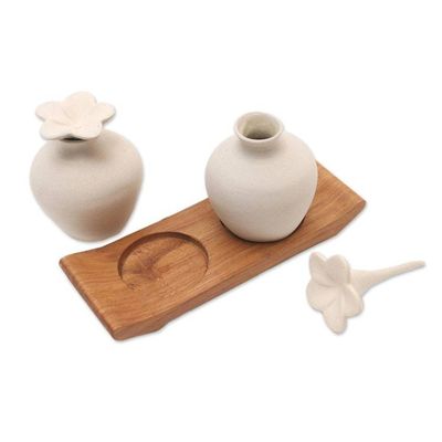 Alternate image for Hand Made Ceramic and Teak Wood Bathroom Set Blooming Frangipani