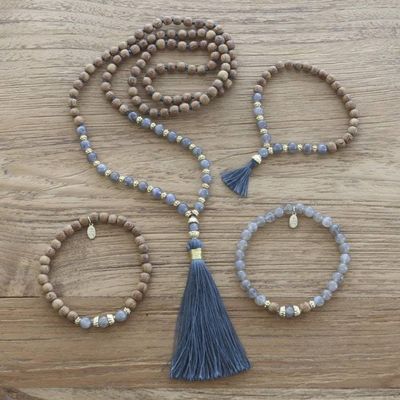 Alternate image for Gold Accented Labradorite and Wood Beaded Stretch Bracelet Batuan Harmony
