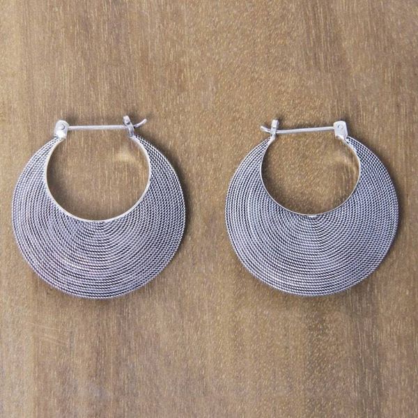 Alternate image for Handmade Textured Sterling Hoop Earrings from Bali Hypnotic Bali Moon