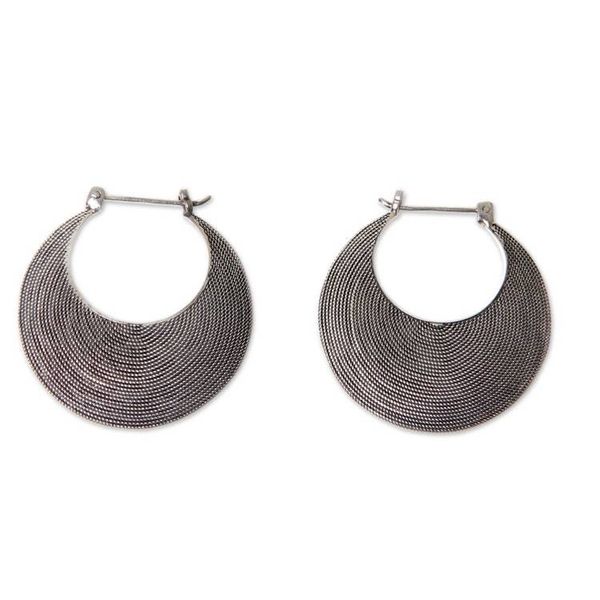 Alternate image for Handmade Textured Sterling Hoop Earrings from Bali Hypnotic Bali Moon
