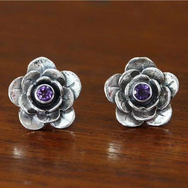 Alternate image for Handmade Floral Sterling Silver and Amethyst Button Earrings Camellia