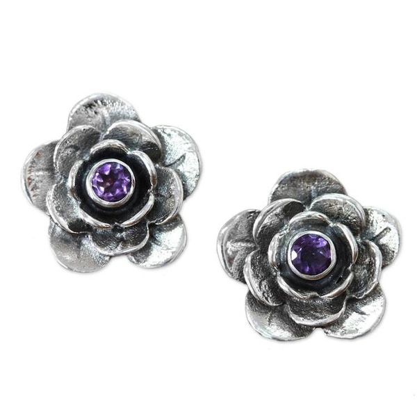 Alternate image for Handmade Floral Sterling Silver and Amethyst Button Earrings Camellia