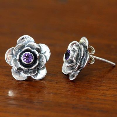 Alternate image for Handmade Floral Sterling Silver and Amethyst Button Earrings Camellia