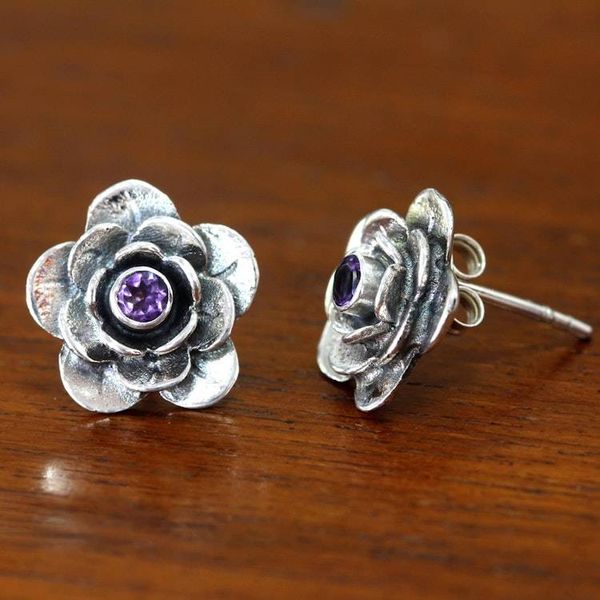 Alternate image for Handmade Floral Sterling Silver and Amethyst Button Earrings Camellia