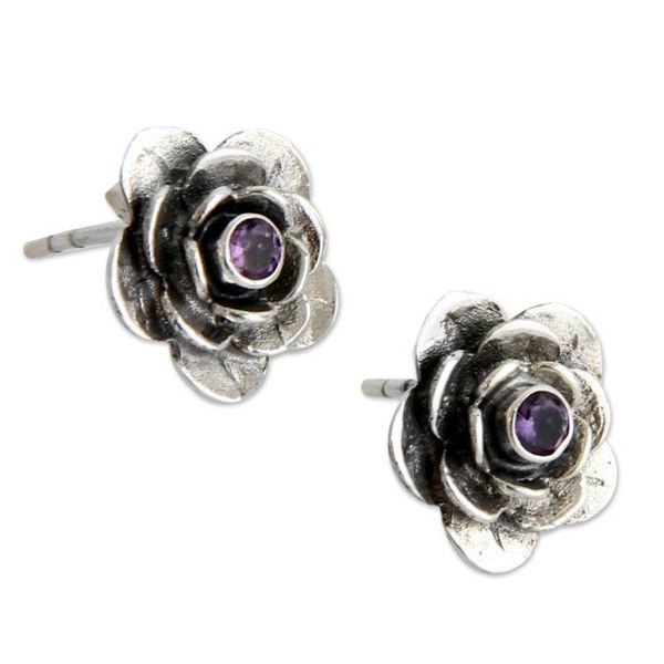 Alternate image for Handmade Floral Sterling Silver and Amethyst Button Earrings Camellia