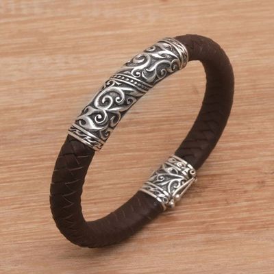 Alternate image for Mens Sterling Silver and Leather Pendant Bracelet from Bali Flow of Courage