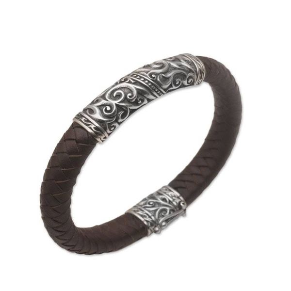 Alternate image for Mens Sterling Silver and Leather Pendant Bracelet from Bali Flow of Courage