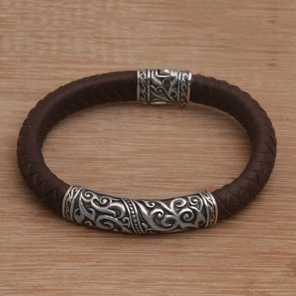 Alternate image for Mens Sterling Silver and Leather Pendant Bracelet from Bali Flow of Courage