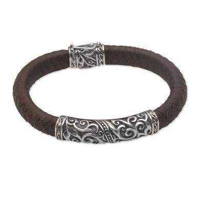 Alternate image for Mens Sterling Silver and Leather Pendant Bracelet from Bali Flow of Courage