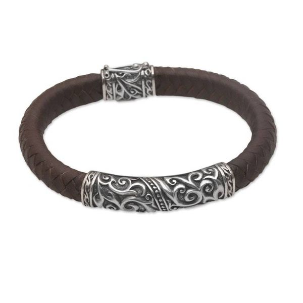 Alternate image for Mens Sterling Silver and Leather Pendant Bracelet from Bali Flow of Courage