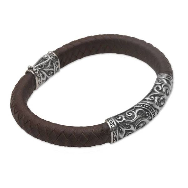 Alternate image for Mens Sterling Silver and Leather Pendant Bracelet from Bali Flow of Courage