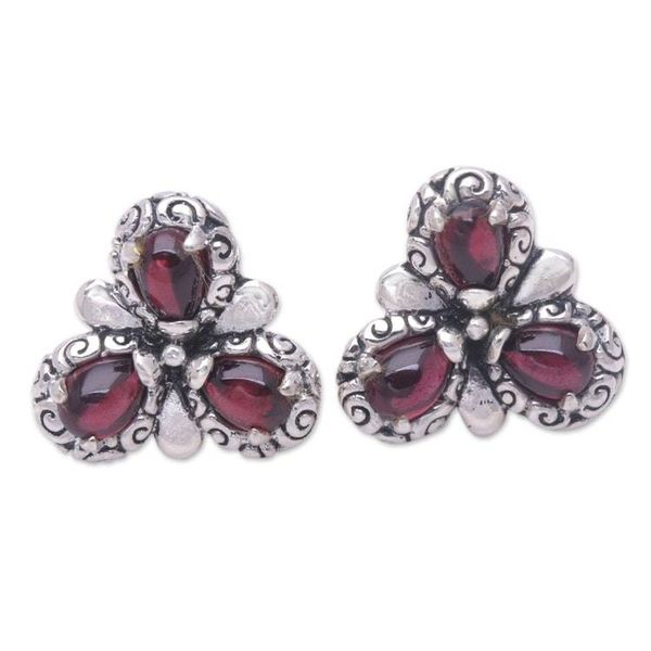 Alternate image for Artisan Crafted Sterling Silver and Garnet Button Earrings Red Bougainvillea