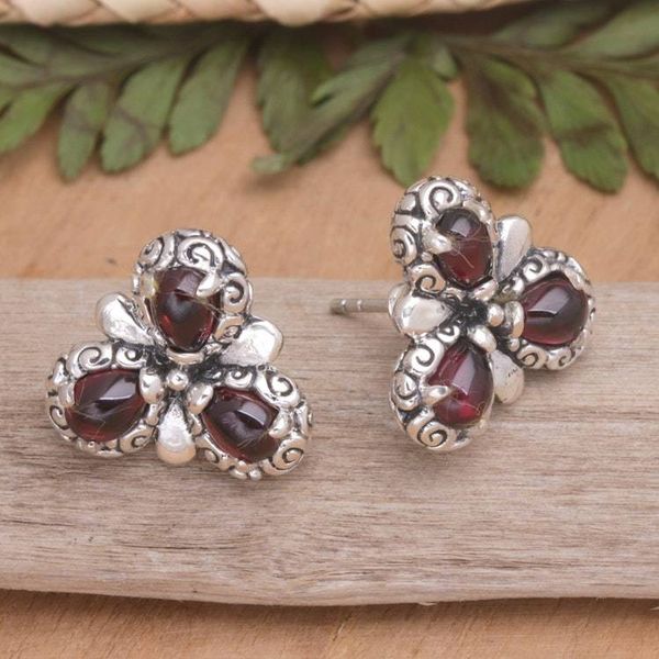 Alternate image for Artisan Crafted Sterling Silver and Garnet Button Earrings Red Bougainvillea