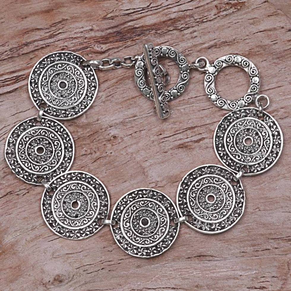 Sterling Silver Handcrafted Disc Link Bracelet 'Frangipani Altar'