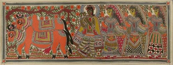 Alternate image for Indian Madhubani Folk Art Painting Krishna the Cowherd