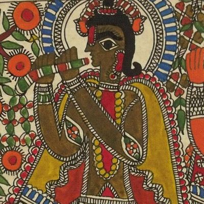 Alternate image for Indian Madhubani Folk Art Painting Krishna the Cowherd