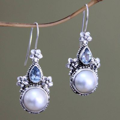 Alternate image for Sterling Silver Pearl and Blue Topaz Earrings from Bali Frangipani Trio