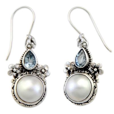 Alternate image for Sterling Silver Pearl and Blue Topaz Earrings from Bali Frangipani Trio