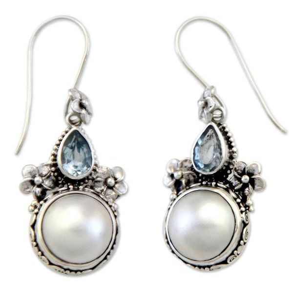 Alternate image for Sterling Silver Pearl and Blue Topaz Earrings from Bali Frangipani Trio