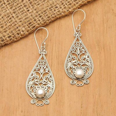 Alternate image for Balinese Cultured Pearl Silver Filigree Handcrafted Earrings Filigree Tendrils