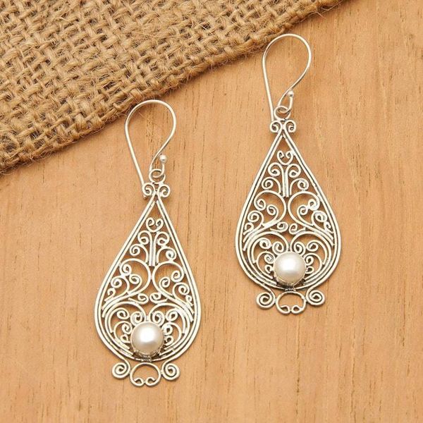 Alternate image for Balinese Cultured Pearl Silver Filigree Handcrafted Earrings Filigree Tendrils