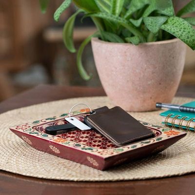 Alternate image for Javanese Clover Patterned Crimson Red Pule Wood Catchall Flaming Clover