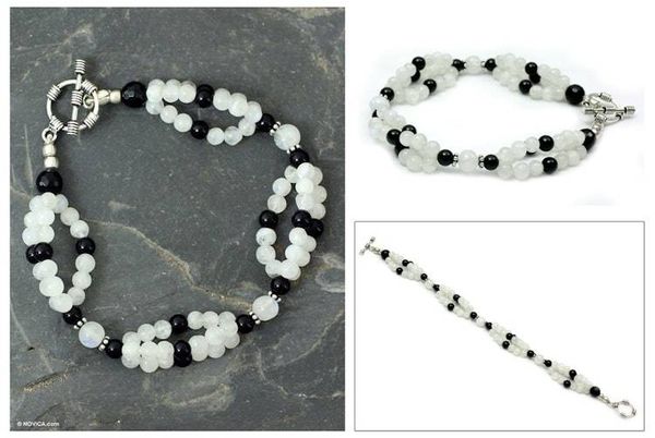 Alternate image for Rainbow Moonstone and Onyx beaded bracelet Gulmohar Lady