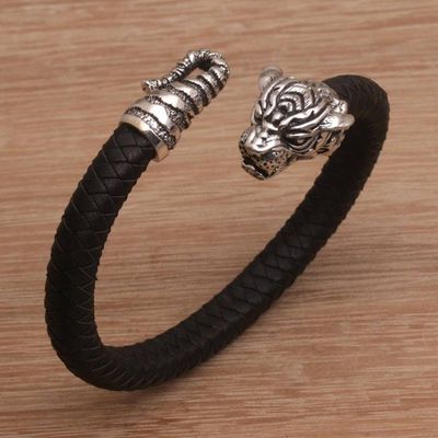 Alternate image for Mens Sterling Silver and Leather Tiger Bracelet from Bali Braided Tiger