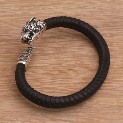 Alternate image for Mens Sterling Silver and Leather Tiger Bracelet from Bali Braided Tiger