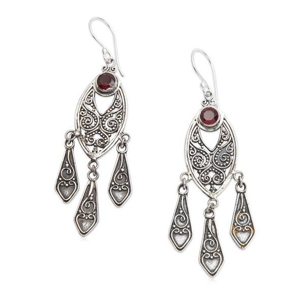 Alternate image for Handcrafted Garnet Chandelier Earrings in Sterling Silver Balinese Wind Chime