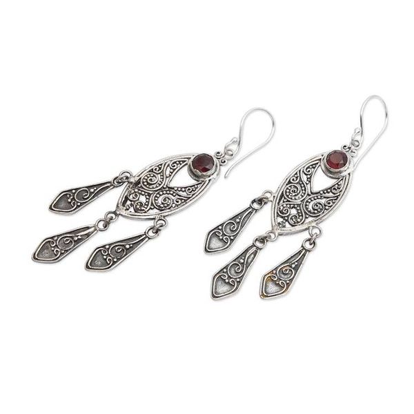 Alternate image for Handcrafted Garnet Chandelier Earrings in Sterling Silver Balinese Wind Chime