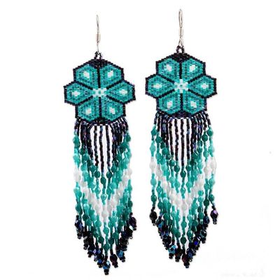 Alternate image for Turquoise Floral Beadwork Huichol Waterfall Earrings Turquoise Jikuri