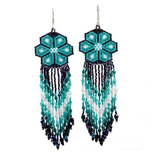 Alternate image for Turquoise Floral Beadwork Huichol Waterfall Earrings Turquoise Jikuri