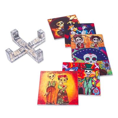 Alternate image for Set of 6 Day of the Dead-Inspired Decoupage on Wood Coasters Day of the Dead Essence