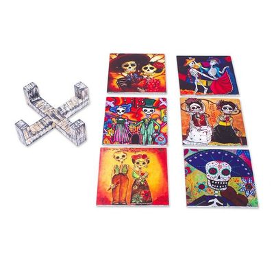Alternate image for Set of 6 Day of the Dead-Inspired Decoupage on Wood Coasters Day of the Dead Essence