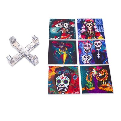 Alternate image for 6 Catrina and Catrin Day of the Dead Decoupage Wood Coasters Catrina Essence