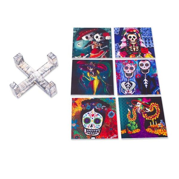 Alternate image for 6 Catrina and Catrin Day of the Dead Decoupage Wood Coasters Catrina Essence
