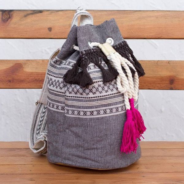 Alternate image for Striped Drawstring Cotton Backpack Handcrafted in Mexico Day Trip Fringe