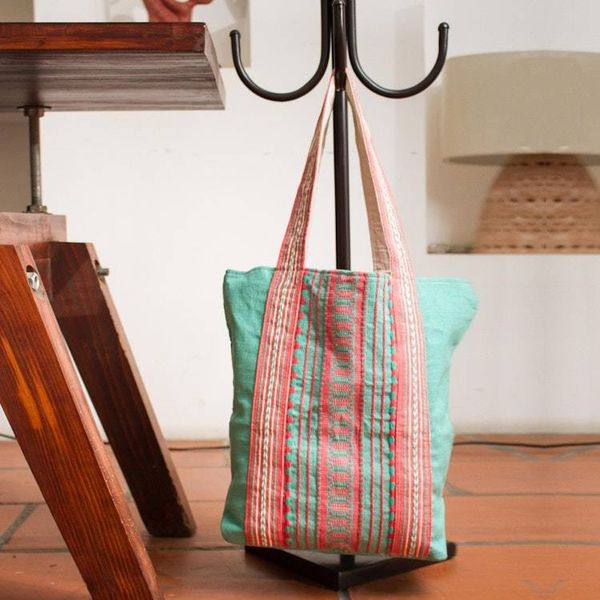 Alternate image for Mint and Hot Pink Striped Cotton Tote Bag Woven in Mexico Bright Stitches
