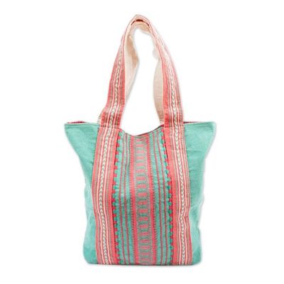 Alternate image for Mint and Hot Pink Striped Cotton Tote Bag Woven in Mexico Bright Stitches
